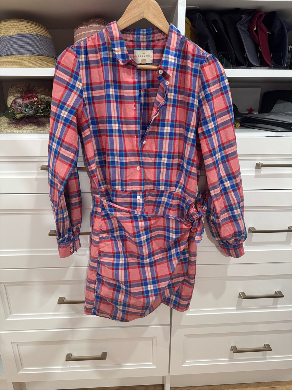 Sezane Pink and Blue Plaid Wrap Dress - Picture 2 of 6